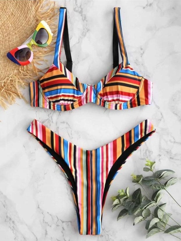 Colorblock Striped S Colorful Underwire Push Bikini Sets - Temu Australia